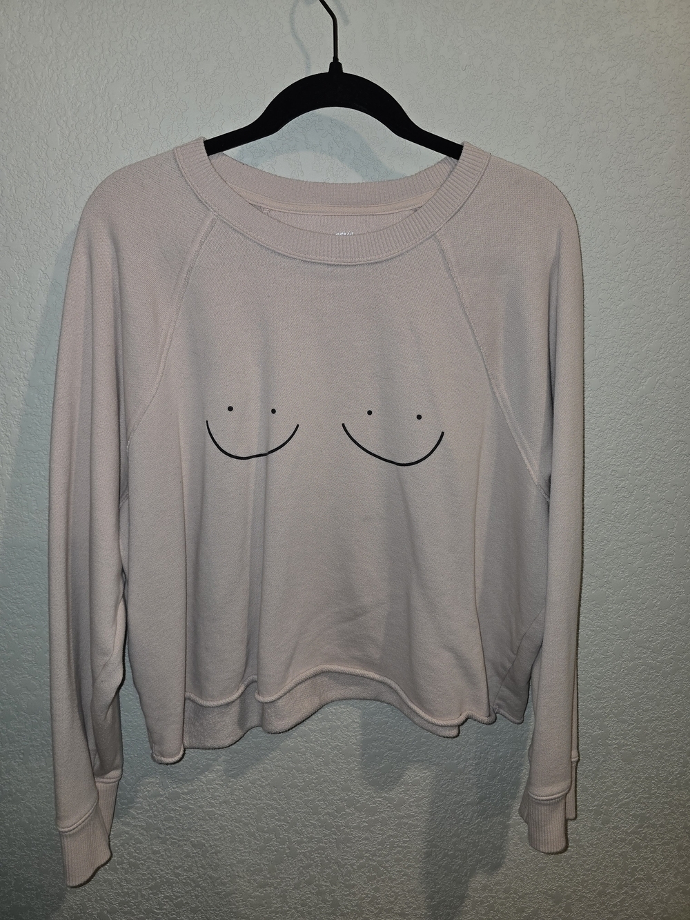 Aerie Cropped Fleece Raglan Sweatshirt Boob Smiley Pink Size L
